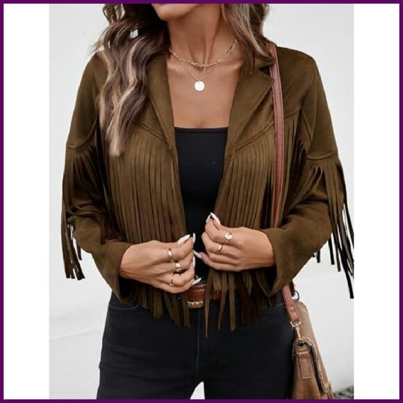 Faux Suede Cropped Jacket with Fringe Tassels, Lined, Western Style - Picture 6 of 8